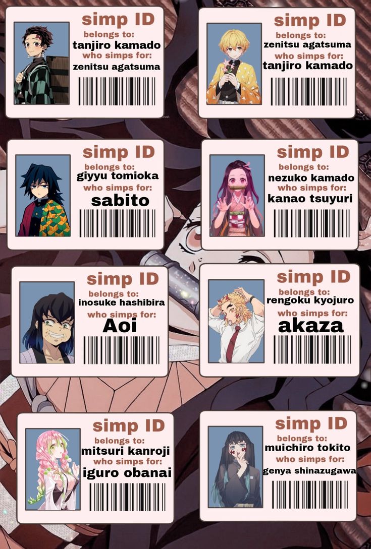 an anime character id card with the names of their characters on it's side