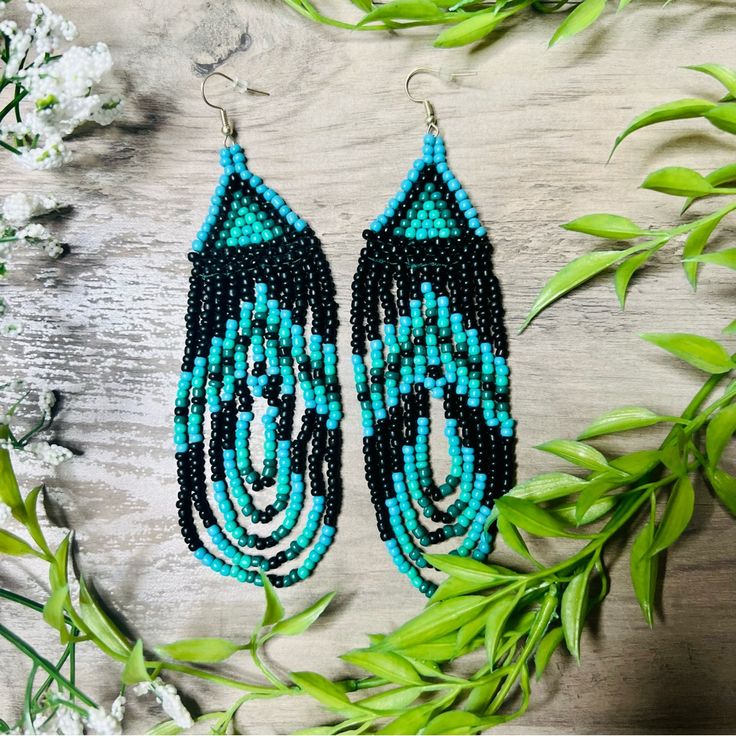 Item: Earrings Brand: Handmade Colours: Green, Teal, Black Features: Triangle Upper, Multiloop Bottom, One Of A Kind, Egyptian Vibes Condition: Brand New, Never Worn Measurements: Length: 5.5” Width: 1.5” Artisan Black Jewelry With Ear Wire, Artisan Black Dangle Earrings, Black Artisan Earrings, Artisan Black Bead Dangle Earrings, Artisan Black Beaded Dangle Earrings, Artisan Dangle Earrings With Black Beads, Artisan Black Beads Dangle Jewelry, Artisan Black Bead Dangle Jewelry, Artisan Black Beaded Drop Earrings