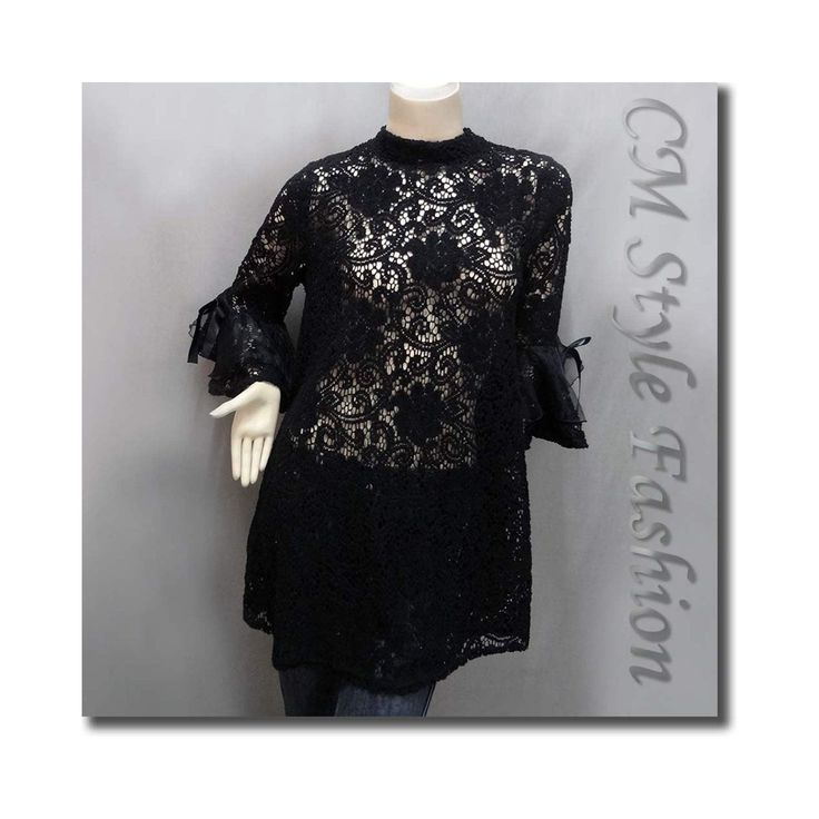 Product Condition : 100% Brand New Color : Black Product Features * A fashionable tunic in floral lace material. A line silhouette. Stand up neckline, zip opening at the back. Flared cuffs with organza gossamer and ribbon bow details. * Polyester blend fabric is warm and comfy. Measurements : * Shoulder to Shoulder (seam to seam, across, one side) : approx. 14" * Armpit to Armpit (seam to seam, across, one side) : approx. 18" * Length from Shoulder : approx. 30" Tunic Styles, Womens Tunics, Floral Lace, Ribbon Bows, Womens Clothing Tops, Tunic Tops, Bathing Beauties, T-shirt, Lace