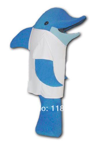 the dolphin is wearing a white shirt and blue pants