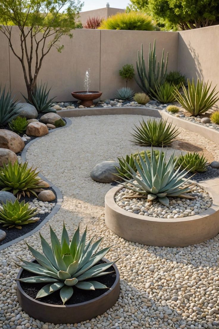 an outdoor garden with rocks and plants in the center, including succulents