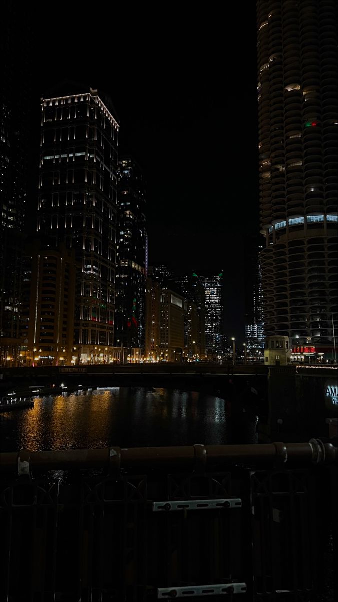 the city skyline is lit up at night with lights reflecting in the water and skyscrapers