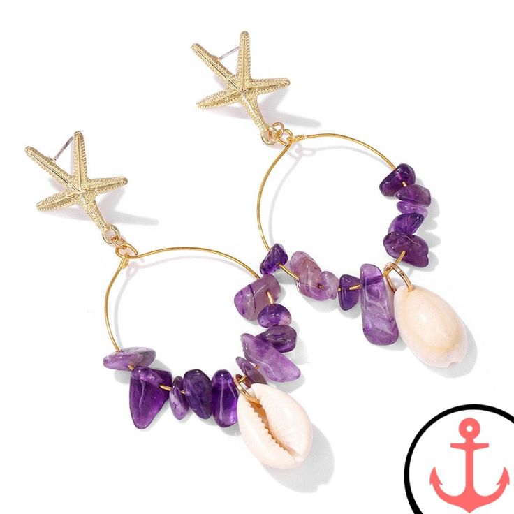 Starfish Gold Drop Earrings Elegant Starfish Jewelry For Vacation, Elegant Starfish Shaped Jewelry For Vacation, Purple Dangle Jewelry For Beach, Purple Dangle Earrings For Beach, Purple Dangle Earrings For The Beach, Purple Drop Earrings For The Beach, Purple Drop Earrings For Beach, Elegant Purple Earrings For Beach, Elegant Purple Beach Earrings