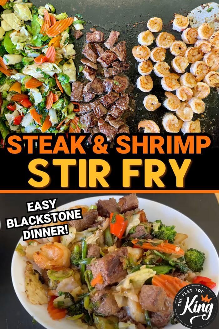 steak and shrimp stir fry on a plate