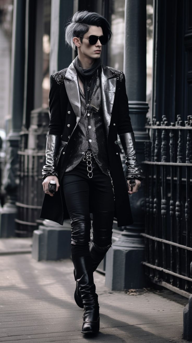 Goth man created with AI by Amanda Church Goth Steampunk Men, Punk Wizard Aesthetic, Goth Punk Men, Romantic Goth Fashion Men, Men Goth Outfit, Goth Men Aesthetic, Modern Goth Aesthetic, Male Trad Goth, Victorian Goth Men