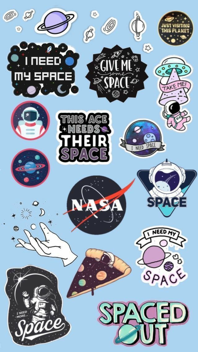 various stickers and decals on a blue background with the words space out in different languages