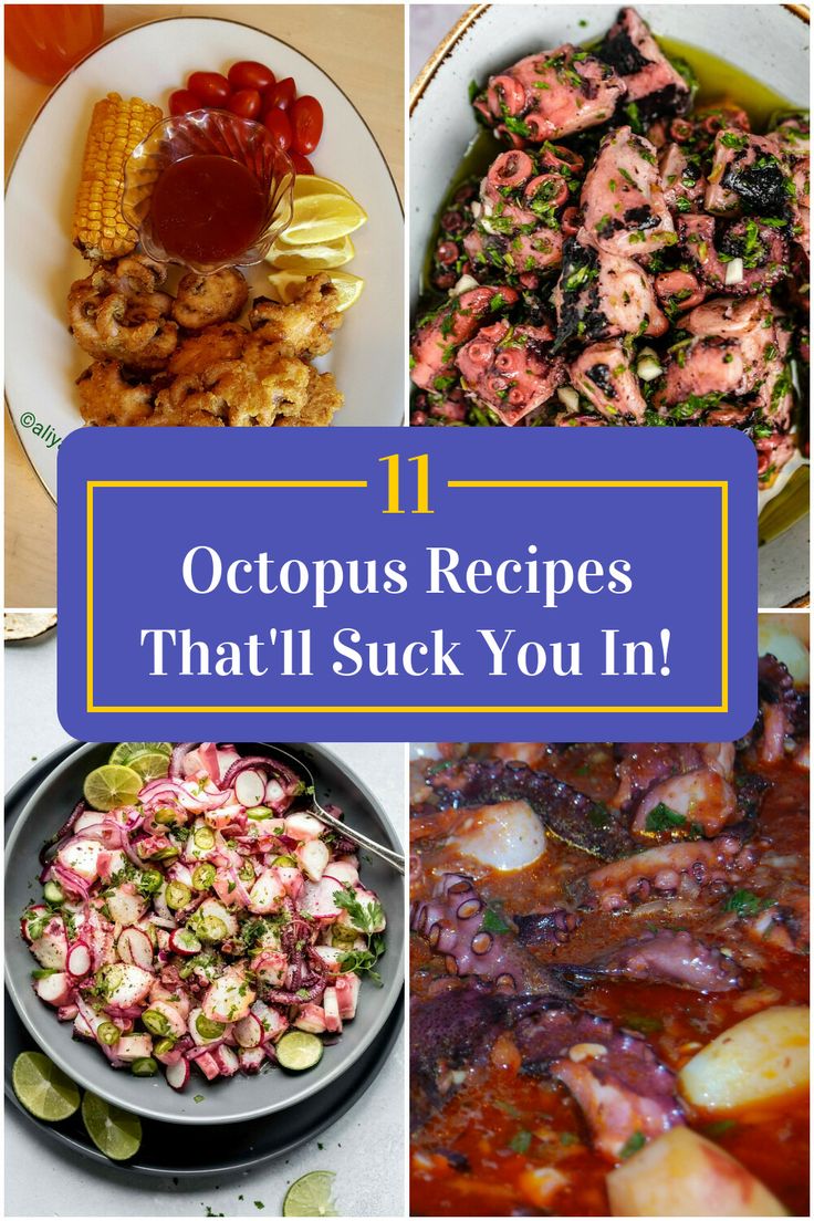 Collage of 4 octopus recipes. Recipes For Octopus, Boiled Octopus Recipes, Cooking Octopus Recipes, Braised Octopus Recipes, Best Octopus Recipes, Frozen Octopus Recipe, Octopus Dinner Recipe, Octopus Recipes Air Fryer, Octopus Tacos Recipe