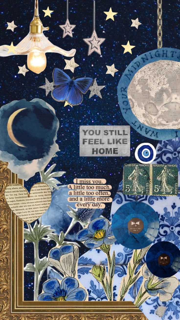 an altered collage with blue and white flowers, stars, and moon in the sky