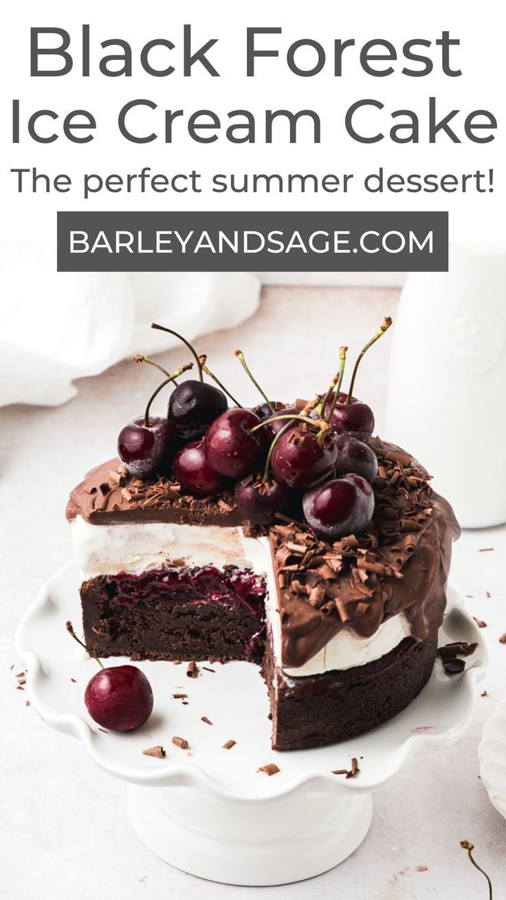 a black forest ice cream cake on a white plate with cherries and chocolate frosting