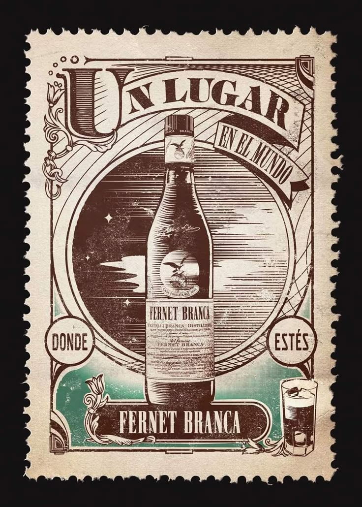 an old postage stamp with a bottle of wine on it's front and side