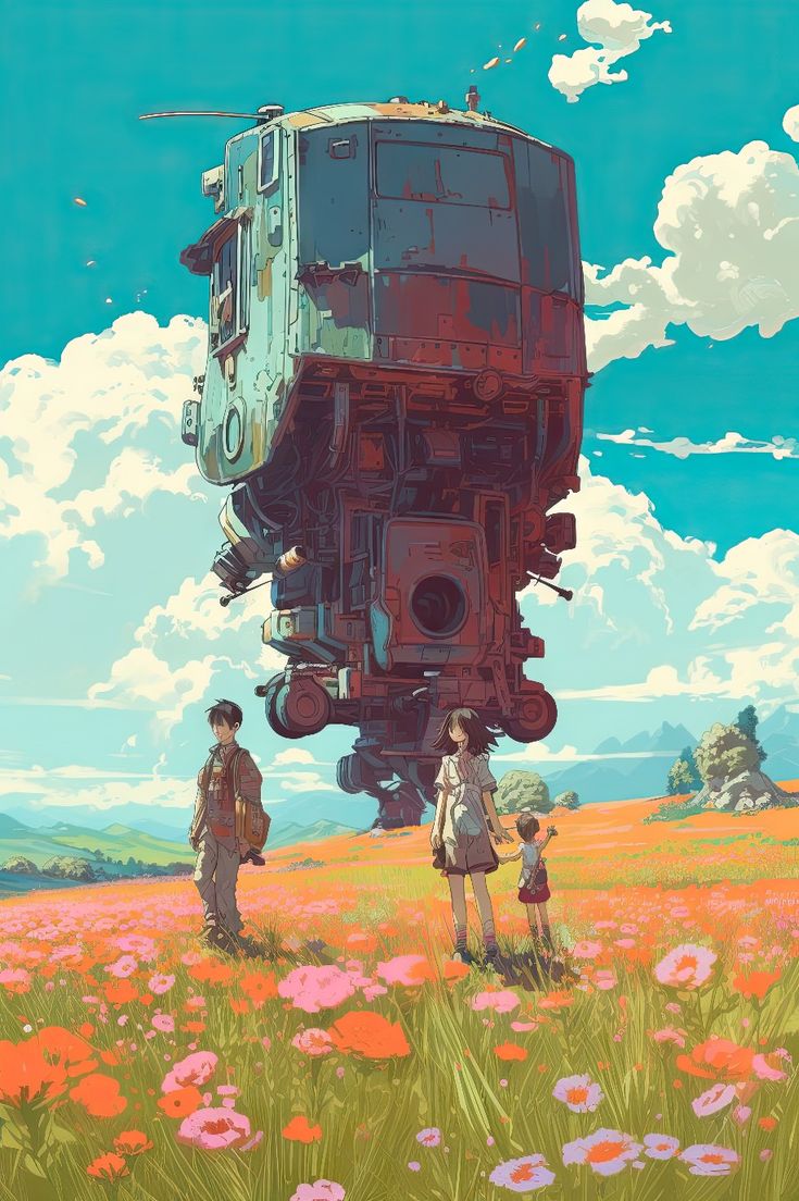 two people standing in a field with flowers and a train on it's side