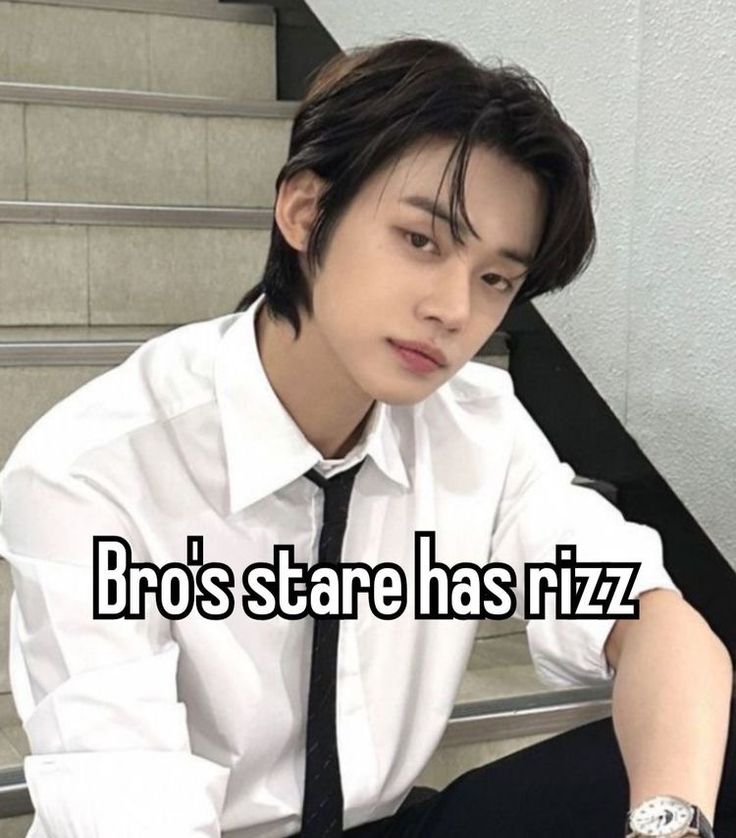 a man sitting on top of stairs wearing a white shirt and tie with the words bro's stare has rizz