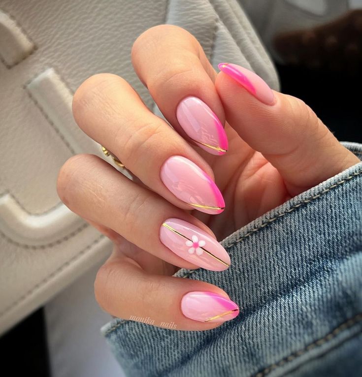 Paznokcie Hello Kitty, Almond Gel Nails, Pink French Nails, Kutek Disney, Cute Pink Nails, Milky Nails, Nail Looks, Gold Nail Designs, Pink Ombre Nails