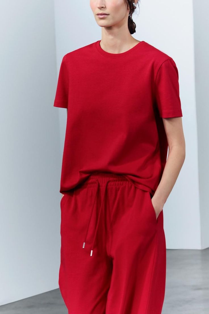 HEAVY COTTON T-SHIRT - Red | ZARA United States Red Short Sleeve Tops For Loungewear, Cotton Short Sleeve Top For Loungewear, Cotton Short Sleeve Loungewear Top, Red Short Sleeve T-shirt For Loungewear, Red T-shirt For Summer Loungewear, Solid Color Relaxed Fit Cotton Short Sleeve Top, Plain Cotton T-shirt For Loungewear, Plain Cotton Crew Neck Short Sleeve Top, Plain Cotton Short Sleeve Crew Neck Top