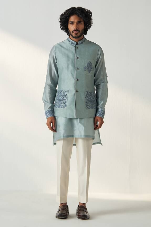 Grey asymmetric kurta features dori embroidery on the sleeve cuff. Paired with a straight pant and a dori embroidered, front flap pocket bundi. - Aza Fashions Asymmetric Kurta, Dori Embroidery, Nehru Jackets, Kurta With Pants, Sleeve Cuff, Band Collar, Kurta Set, Pants Pattern, Straight Pants