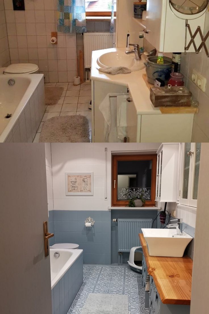 two pictures show the same bathroom in different rooms