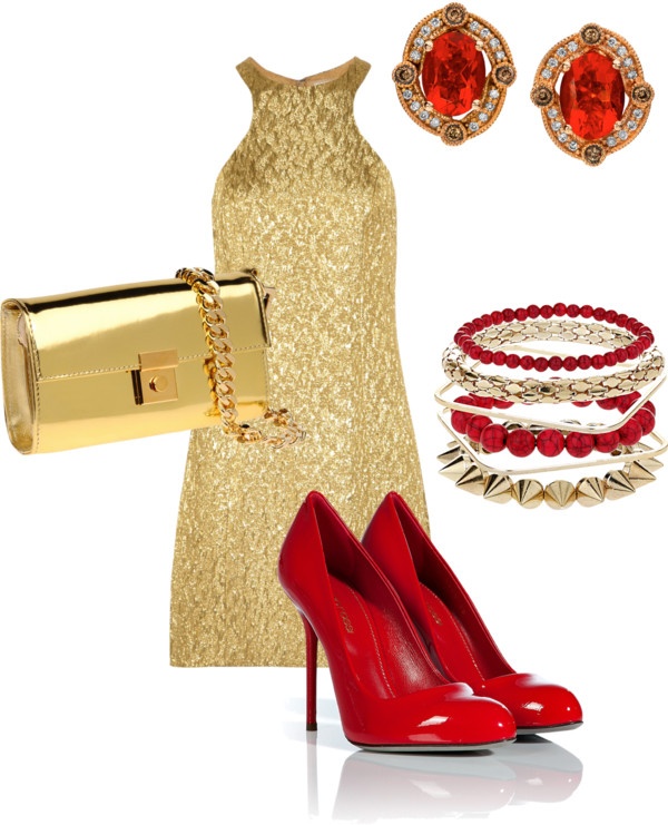 Red And Gold Outfit Casual, Red And Gold Casual Outfit, Red Dress Gold Accessories, Christmas Outfits Dressy, Dreamy Wardrobe, Sophisticated Lady, Luxury Red Bag With Gold-tone Hardware, Disney Princess Outfits, Luxury Red Shoulder Bag With Gold-tone Hardware