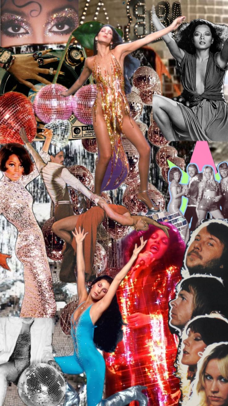 the collage shows women in disco outfits