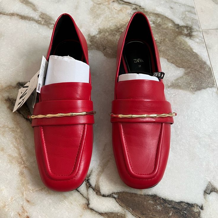 Nwt Zara Red Leather Loafers Size 5 Red Closed Toe Spring Loafers, Red Closed Toe Loafers For Spring, Red Closed-toe Loafers For Spring, Red Slip-on Loafers For Spring, Elegant Loafers With Red Sole For Spring, Elegant Spring Loafers With Red Sole, Spring Loafers With Red Sole And Closed Toe, Slip-on Loafers With Red Sole For Spring, Spring Slip-on Loafers With Red Sole