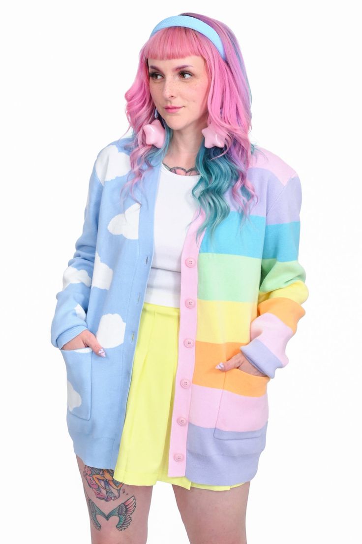 Rainbow Skies Split Cardigan Vivian Core, Pastel Aesthetic Clothes, Clowncore Outfit, Indie Outfit Inspo, Rainbow Clothes, Rainbow Cardigan, Rainbow Outfit, Pastel Outfit, Fire Fits