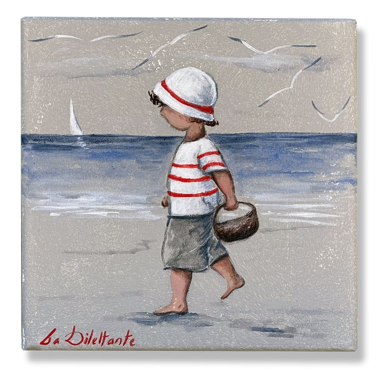 a painting of a little boy walking on the beach with a bucket and ball in his hand