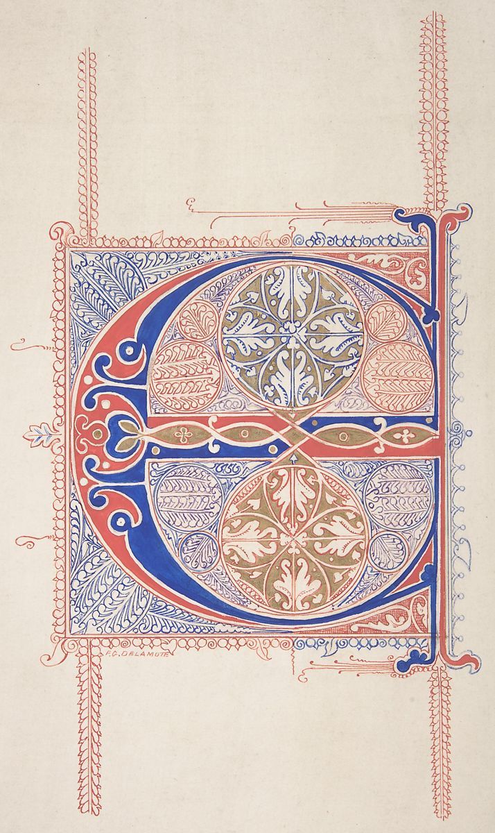 an ornate design with blue, red and orange colors on the bottom half of it