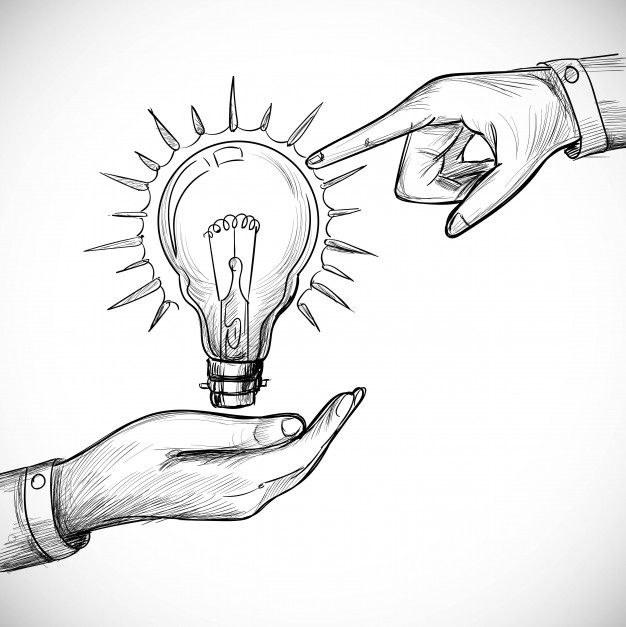 two hands holding an electric lightbulb and pointing it at another hand with a pen