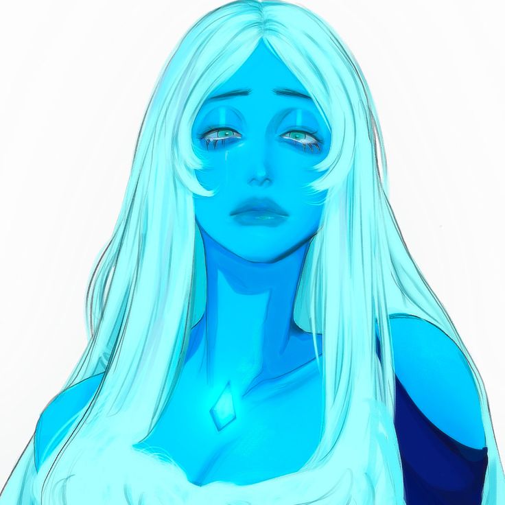 a drawing of a woman with long white hair and blue skin, wearing a necklace