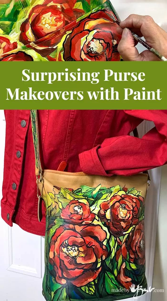 a woman holding a purse with flowers painted on it and the words surprising purse makeovers with paint