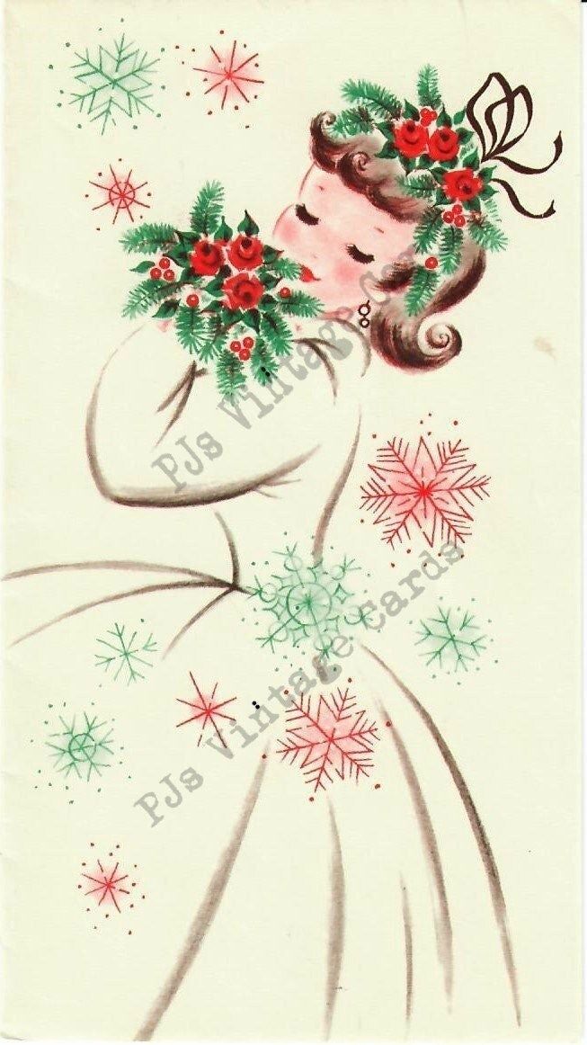 an old fashioned christmas card with a woman holding flowers