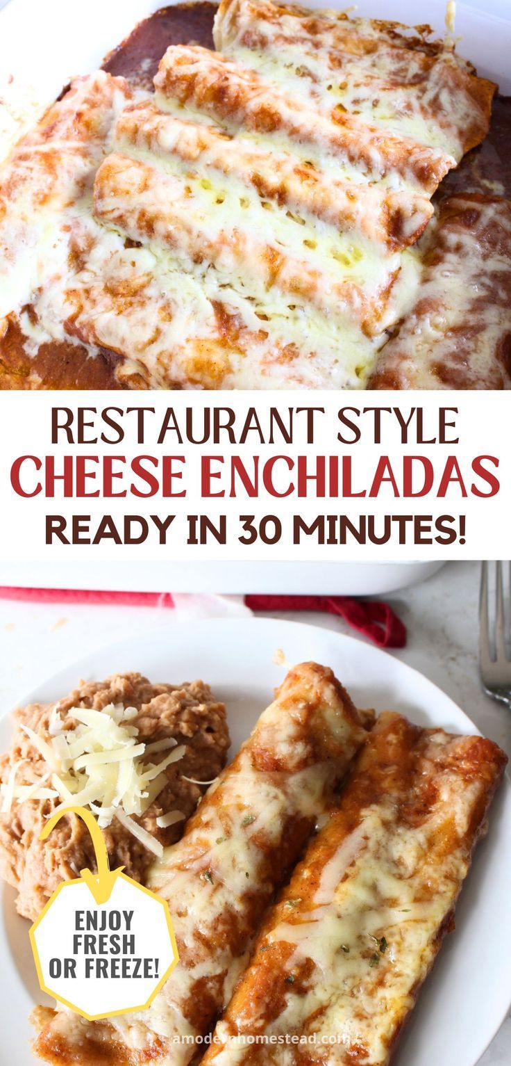 2 homemade cheese enchiladas on a white plate with a side of refried beans, the tray of cheese enchiladas in the background with a text overlay that says restaurant style cheese enchiladas ready in 30 minutes enjoy fresh or frozen Cheese Enchilada Recipe Corn Tortillas, Enchiladas Restaurant Style, Authentic Enchilada Recipe, Cheese Enchilada Recipe, Authentic Carne Asada Recipe, Authentic Enchilada Sauce, Easy Cheese Enchiladas, Red Chicken Enchiladas, Homemade Red Enchilada Sauce