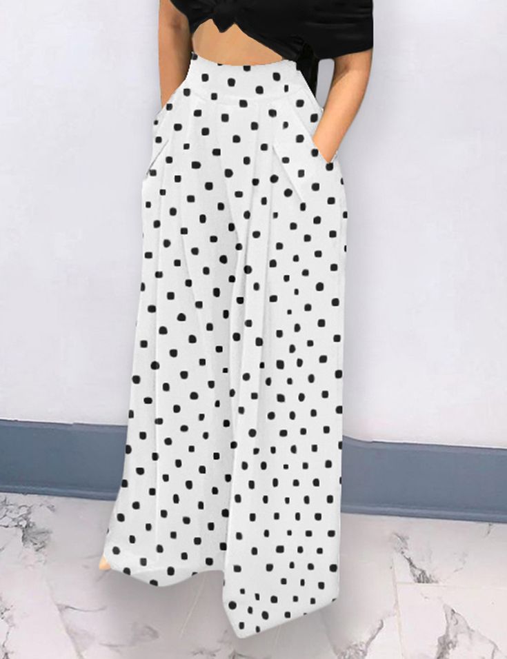 White Polka Dot Wide Leg Bell-bottomed Pants Casual Wide Leg Polka Dot Pants, Casual Polka Dot Wide Leg Pants, Casual Wide-leg Polka Dot Pants, Casual Polka Dot Bottoms For Summer, Casual Polka Dot Summer Bottoms, Spring Polka Dot Bottoms With Pockets, Non-stretch Polka Dot Summer Bottoms, Polka Dot Wide Leg Bottoms With Pockets, Polka Dot Summer Bottoms With Pockets