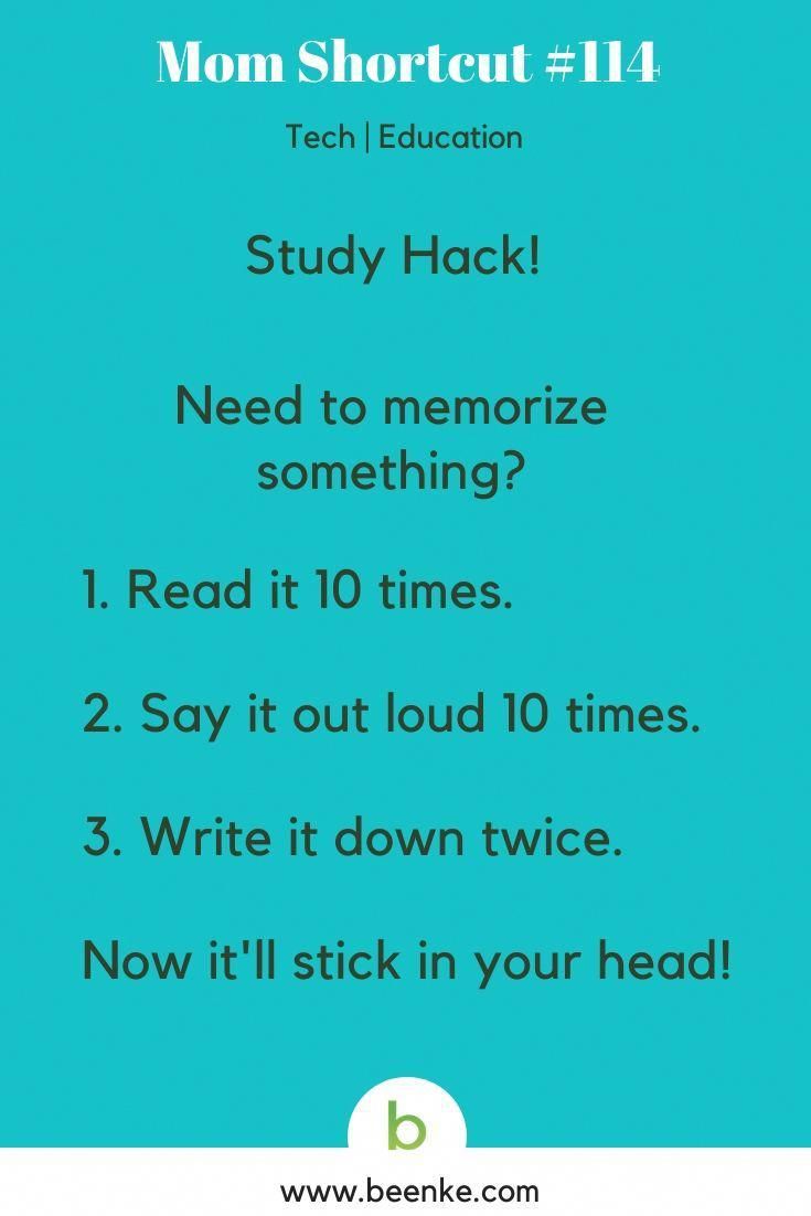 a blue poster with the words, mom shortcut 11 study hack need to memo something?