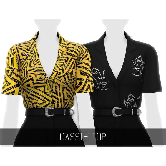 two mannequins dressed in black, yellow and white clothing with the words case top on them