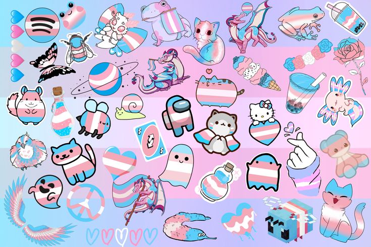 a bunch of stickers that are on a pink and blue background