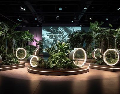 a room with plants and lights on the floor, in front of a large screen