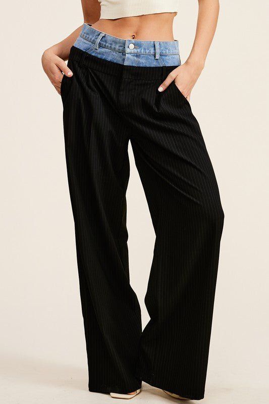 Tailored Fashion, Facebook Black, Pinstripe Pattern, Dressy Pants, Perfect Harmony, Swimwear Sale, Peek A Boo, Trouser Pants, Denim Wash