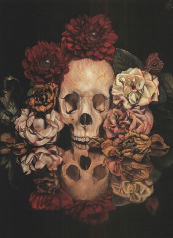 a painting of a skull with flowers on its head