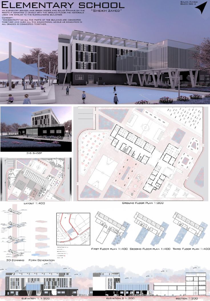 an architectural drawing shows the various sections of a building with different levels and angles, including two