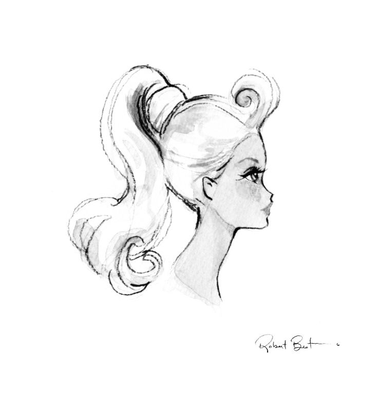 a drawing of a woman's head with ponytails and hair in the middle