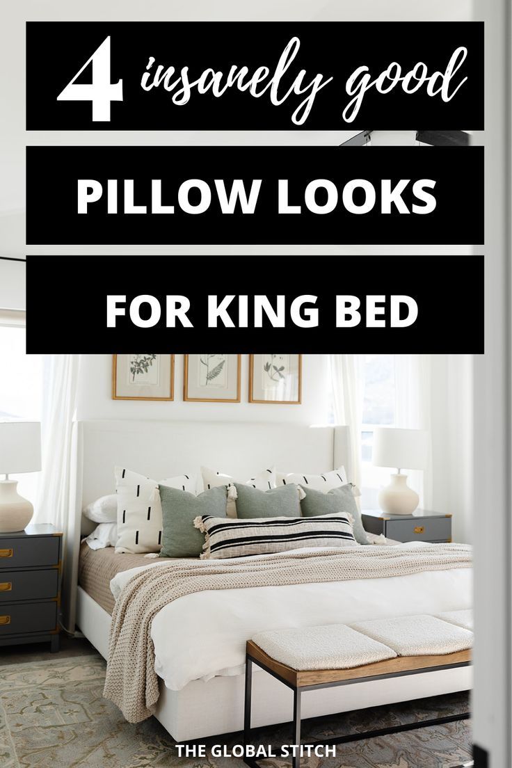 a bed with pillows on it and the words 4 heavenly good pillow looks for king beds