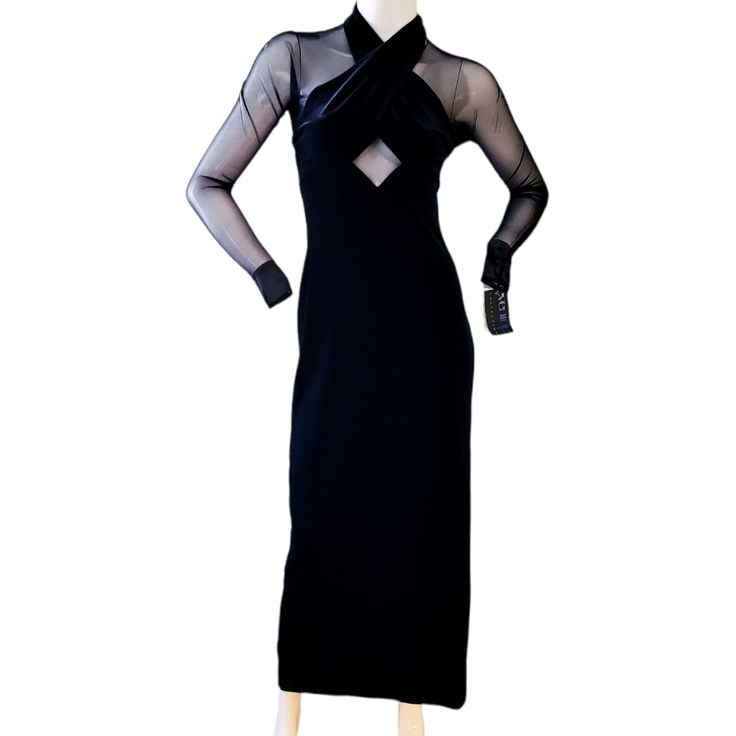 Deadstock Vintage! Amazing Cocktail/Evening Dress With Sheer Long Sleeves Some Stretch Fitted Evening Dress For Dinner, Sheer Midi Evening Dress, Sheer Midi Length Evening Dresses, Fitted Long Mesh Evening Dress, Formal Spring Evening Dress With Sheer Sleeves, Fitted Long Evening Dress For Dinner, Formal Evening Dress With Sheer Sleeves For Spring, Evening Mesh Dress With Sheer Sleeves And Bodycon Fit, Sheer Dressy Evening Dress