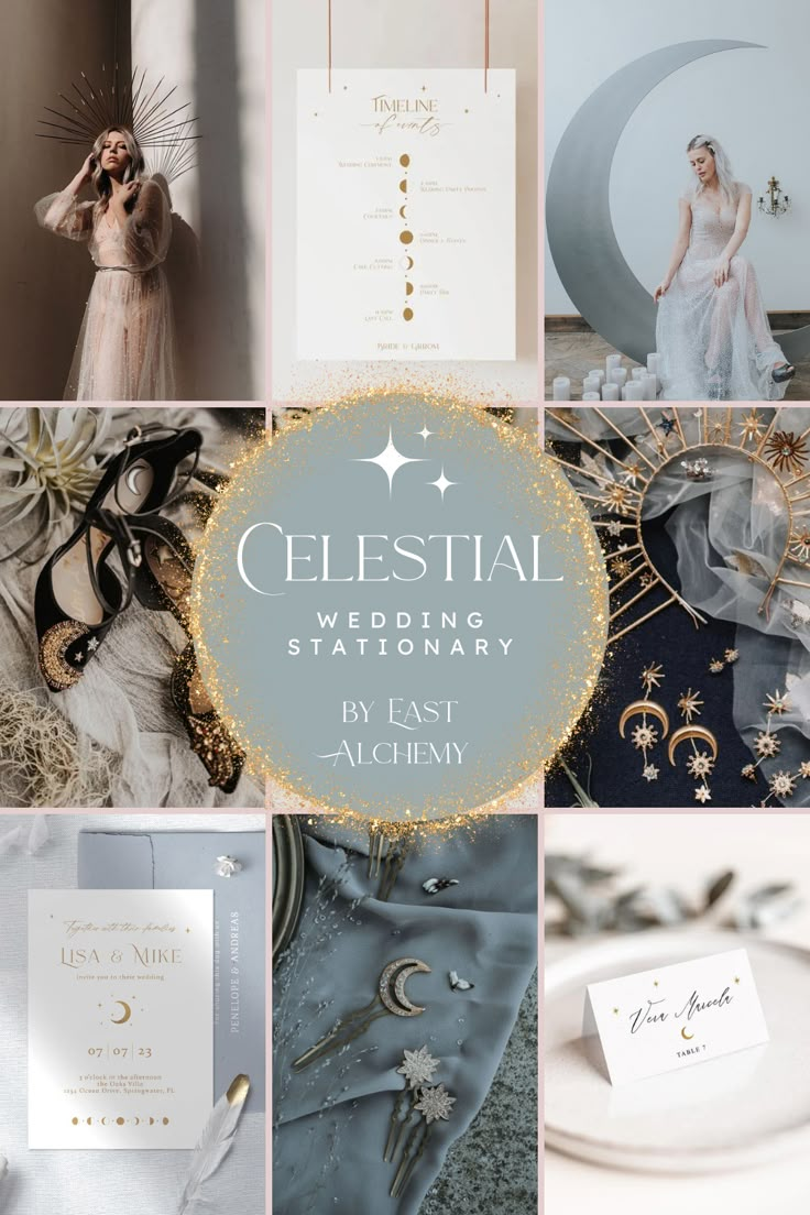 a collage of wedding stationery with gold and silver details, such as cards, brochures, napkins, and more