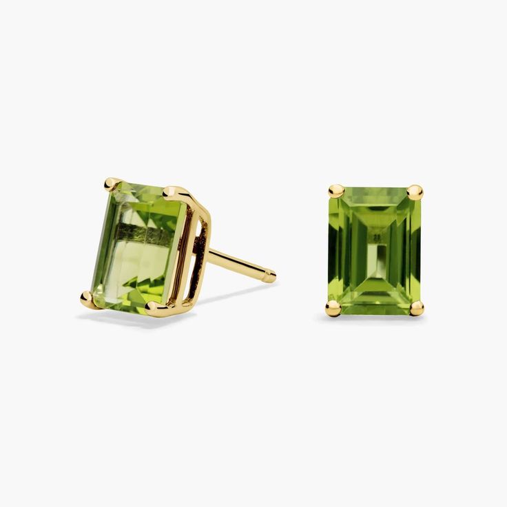 Peridot earrings are always in style, and these studs showcase the beauty of this timeless gem. These emerald cut peridot stud earrings are handcrafted in 14k gold, adding extra glow to the design. Peridot Earrings, Precious Gemstones Jewelry, Emerald Cut, Semi Precious Gemstones, Gemstone Earrings, The Beauty, In Style, Birthstone, Gemstone Jewelry