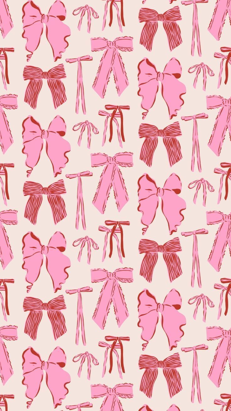 pink bows and ribbons are drawn on a beige background with red lines in the shape of hearts