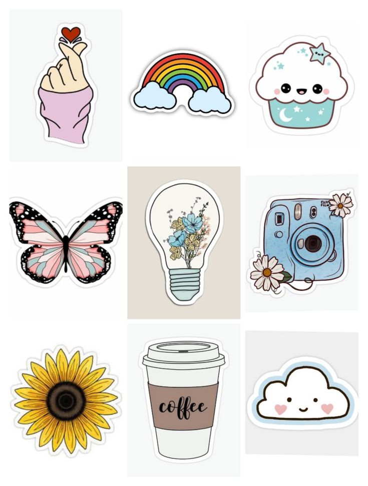 various stickers with different designs and colors on the same sheet, including a cup of coffee