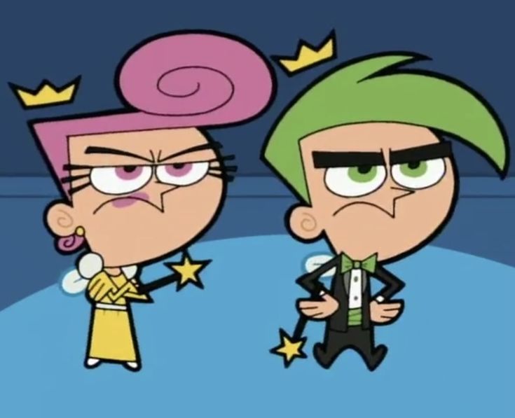 two cartoon characters are standing next to each other with stars on their head and one has green hair