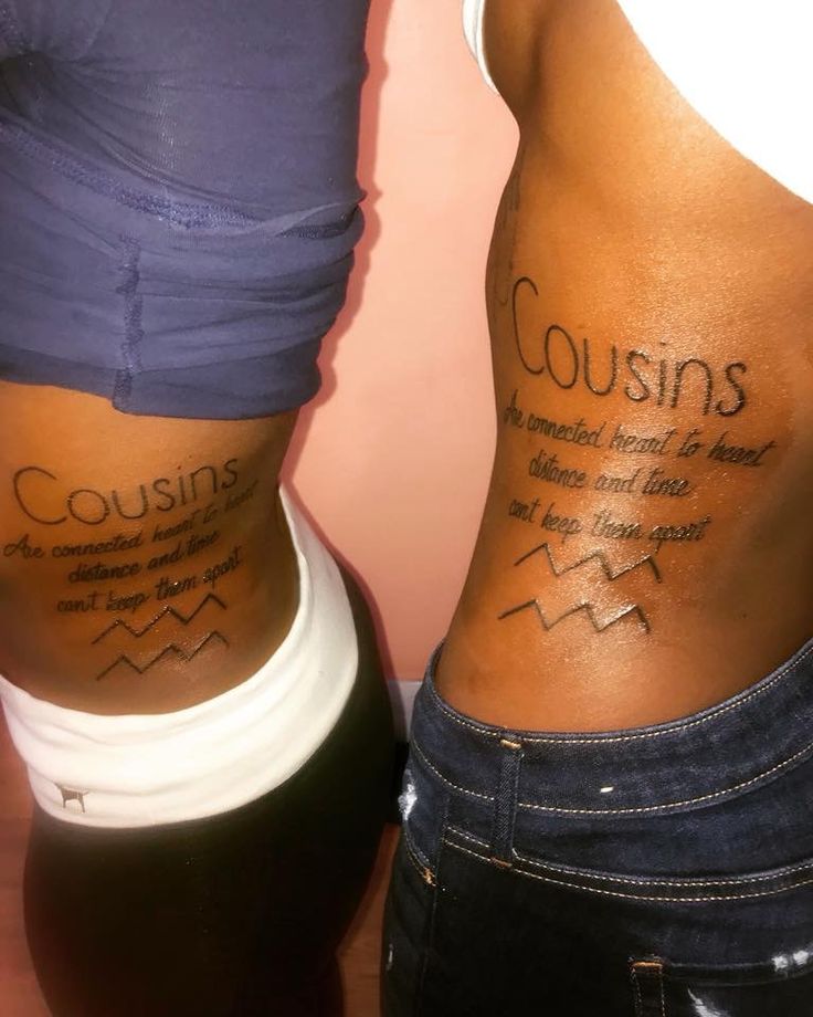 two women with tattoos on their stomachs and the words couisins written in cursive font