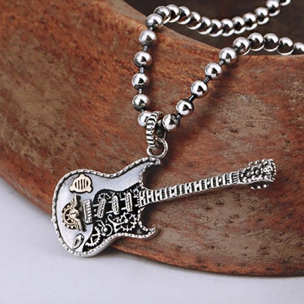 Sterling Silver Guitar Necklace - Jewelry1000.com Guitar Necklace, Silver Guitar, Mens Silver Jewelry, Silver Chain For Men, Mens Bracelet Silver, Mens Silver Necklace, Mens Silver Rings, Bead Chain, Vintage Pendant