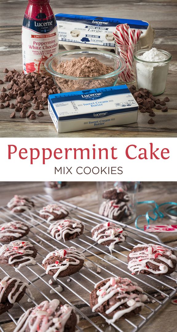 peppermint cake mix cookies on a cooling rack with ingredients to bake in the background